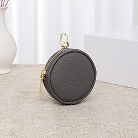 Solid Faux Leather Round Mini Attachable Coin Bag