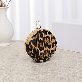Leopard Patterned Faux Leather Round Mini Attachable Coin Bag
