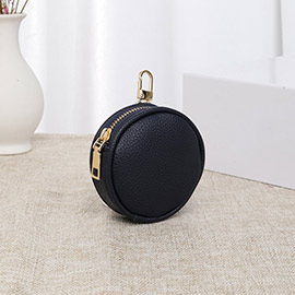 Solid Faux Leather Round Mini Attachable Coin Bag