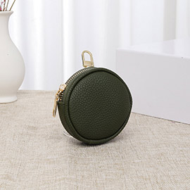 Solid Faux Leather Round Mini Attachable Coin Bag