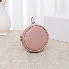 Solid Faux Leather Round Mini Attachable Coin Bag
