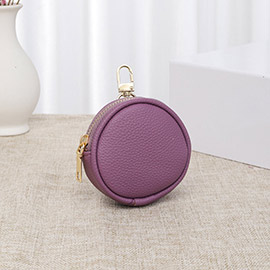 Solid Faux Leather Round Mini Attachable Coin Bag