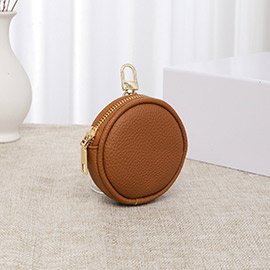 Solid Faux Leather Round Mini Attachable Coin Bag