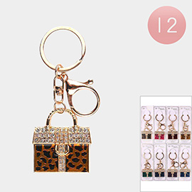 12PCS - Rhinestone Embellished Leopard Patterned Tote Bag Keychains