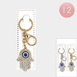 12PCS - Rhinestone Embellished Hamsa Hand Evil Eye Keychains