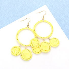 Woven Raffia Open Circle Triple Round Link Dangle Earrings