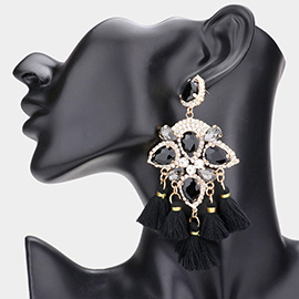 Multi Stone Embellished Tassel Link Dangle Earrings