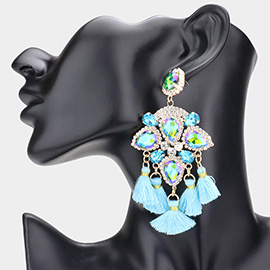 Multi Stone Embellished Tassel Link Dangle Earrings