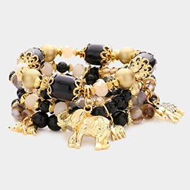 5PCS - Metal Elephant Charm Multi Beaded Stretch Bracelets