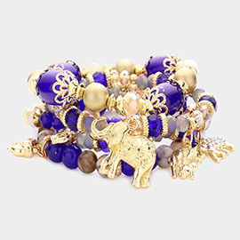 5PCS - Metal Elephant Charm Multi Beaded Stretch Bracelets