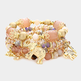 5PCS - Metal Elephant Charm Multi Beaded Stretch Bracelets