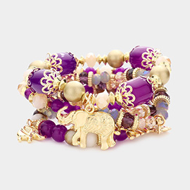 5PCS - Metal Elephant Charm Multi Beaded Stretch Bracelets