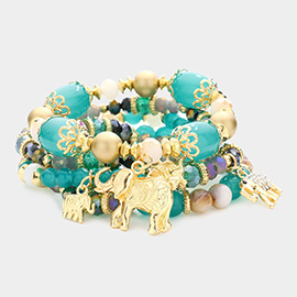 5PCS - Metal Elephant Charm Multi Beaded Stretch Bracelets