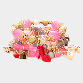 5PCS - Tote Bag Flip Flop Stiletto Heel Lipstick Charm Multi Beaded Stretch Bracelets