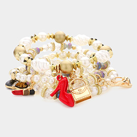 5PCS - Tote Bag Flip Flop Stiletto Heel Lipstick Charm Pearl Stretch Bracelets