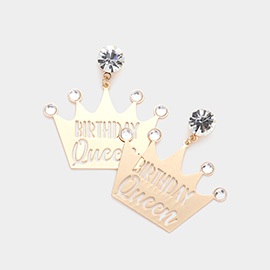 Birthday Queen Message Stone Embellished Metal Crown Dangle Earrings