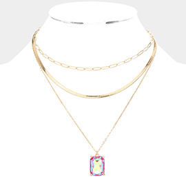 Emerald Cut Stone Pendant Triple Layered Necklace