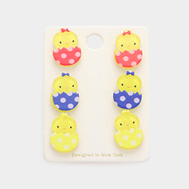 3Pairs - Glittered Resin Easter Chick Stud Earrings