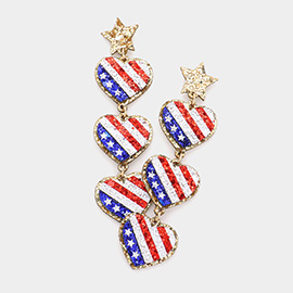 American USA Flag Glittered Star Heart Link Dangle Earrings