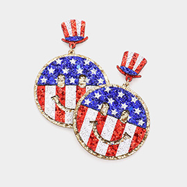 American USA Flag Glittered Smile Link Dangle Earrings