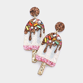 Pearl Stone Embellished Glittered Popsicle Dangle Earrings
