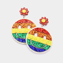 Rainbow Glittered Flower Smile Link Dangle Earrings