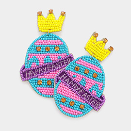 Happy Easter Message Felt Back Seed Beaded Crown Egg Link Dangle Earrings