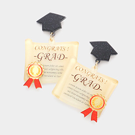 Congrats ! Grad Message Glittered Resin Graduation Cap Diploma Link Dangle Earrings