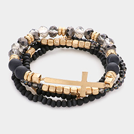 4PCS - Cross Charm Accented Wood Ball Faceted Beaded Stretch Bracelets
