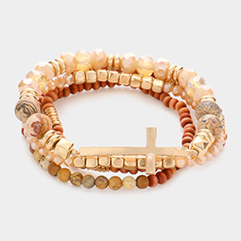 4PCS - Cross Charm Accented Wood Ball Faceted Beaded Stretch Bracelets
