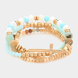 4PCS - Cross Charm Accented Wood Ball Faceted Beaded Stretch Bracelets