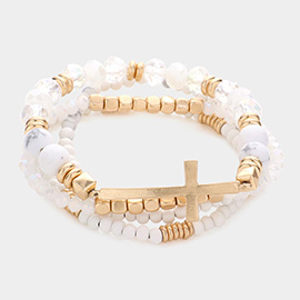 4PCS - Cross Charm Accented Wood Ball Faceted Beaded Stretch Bracelets