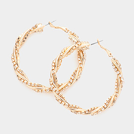 Twisted Rhinestone Embellished Metal Hoop Earrings