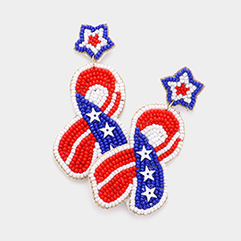 Felt Back American USA Flag Seed Beaded Star Pink Ribbon Dangle Earrings