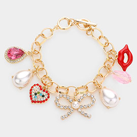 Teardrop Stone Pearl Heart Bow Lips Charm Toggle Bracelet