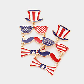 American USA Flag Hat Sunglasses Mustache Bow Link Dangle Earrings