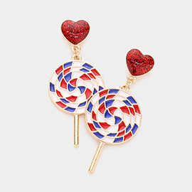 American USA Flag Heart Candy Cane Link Dangle Earrings