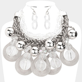 Metal Open Teardrop Lucite Ball Accented Statement Necklace