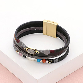 Druzy Pearl Accented Faux Leather Magnetic Bracelet