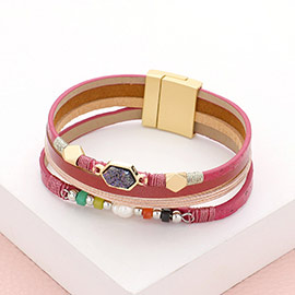 Druzy Pearl Accented Faux Leather Magnetic Bracelet