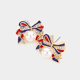 American USA Flag Bow Pearl Stud Earrings