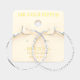 14K White Gold Dipped 1.6 Inch Textured Metal Hoop Earrings