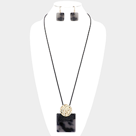 Crushed Metal Round Celluloid Acetate Square Pendant Long Necklace