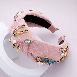 Pearl Multi Stone Embellished Knot Burnout Lace Headband
