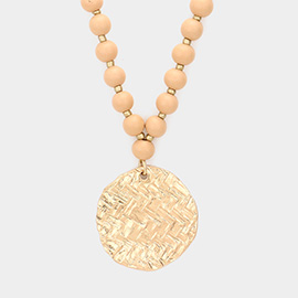 Chevron Patterned Metal Round Pendant Wood Ball Long Necklace