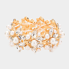 Pearl Embellished Marquise Stone Leaf Stretch Evening Bracelet