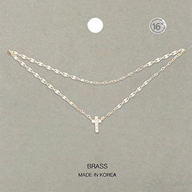 Brass Metal Rhinestone Cross Pendant Double Layered Necklace