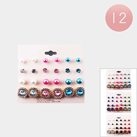 12 Set of 12 - Pearl Round Cushion Square Stone Stud Earrings