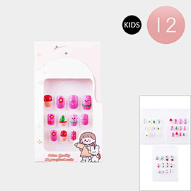 12Pack - Peach Lemon Grape Avocado Flower Heart Bow Cupcake Printed Press on Kids Nail Set