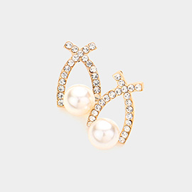 Pearl Accented Rhinestone Embellished Stud Earrings